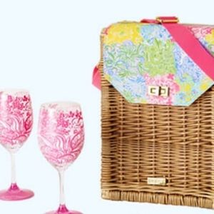 Lilly Pulitzer wine glasses and wicker wine basket